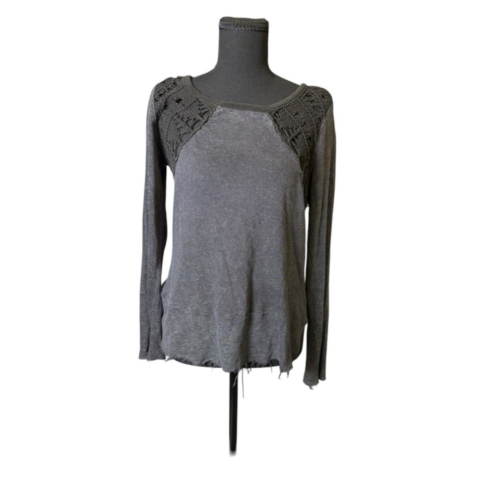 Free People Crochet Back Top Womens Small Gray Boho Distressed Linen Blend